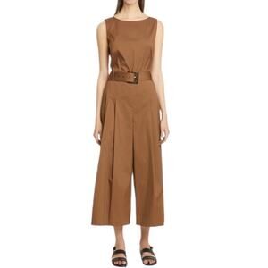 Lafayette 148 Aurthur Sleeveless Belted Stretch Cotton Jumpsuit Acorn Wide Leg